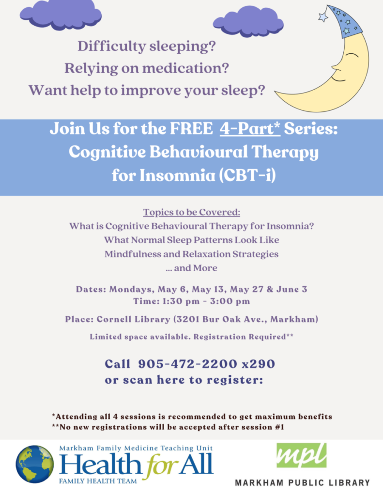 Promo flyer for Health for All's Nov. 2023 series, "Cognitive Behavioural Therapy for Insomnia (CBT-i)”