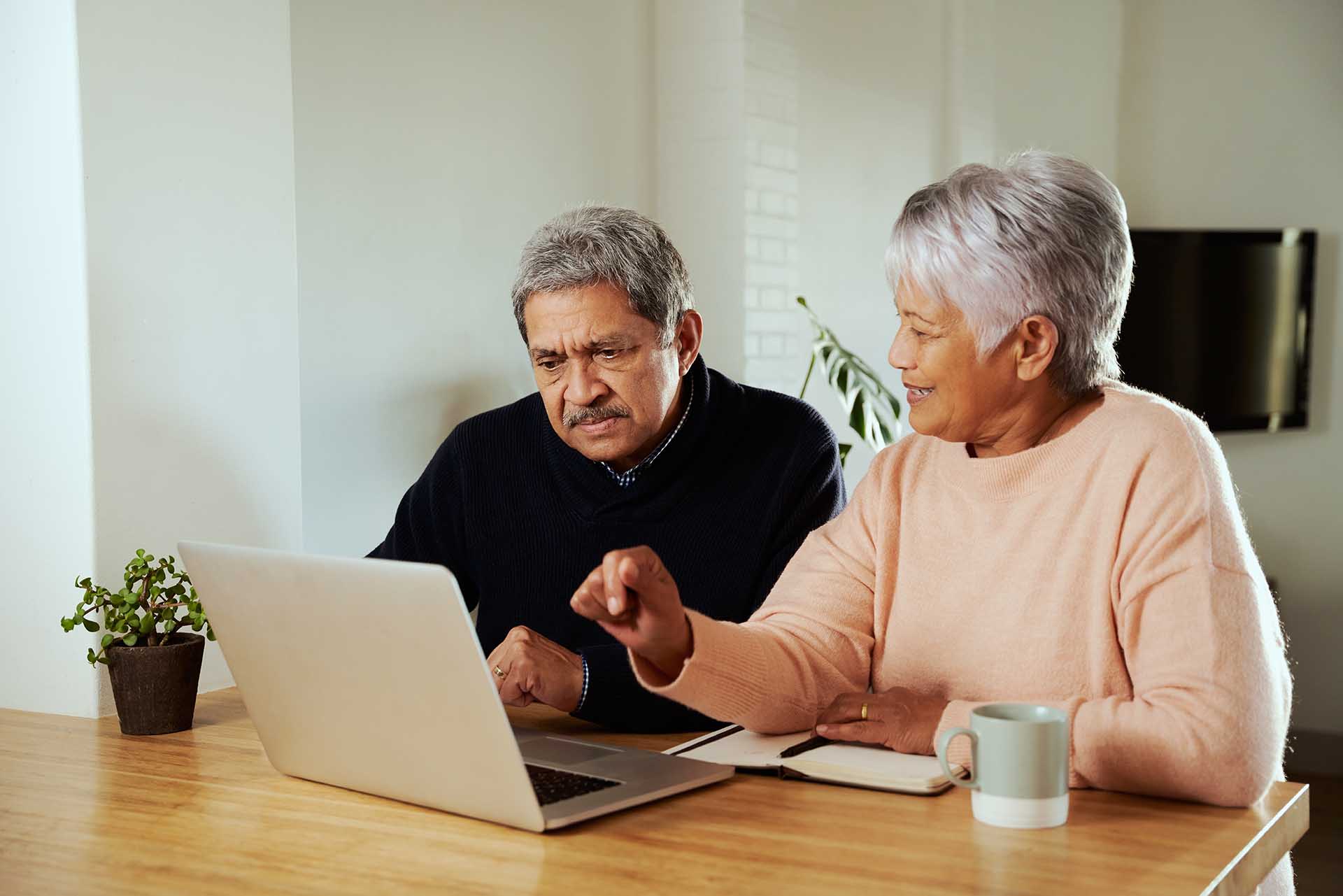 Elderly couple sitting at kitchen counter with laptop